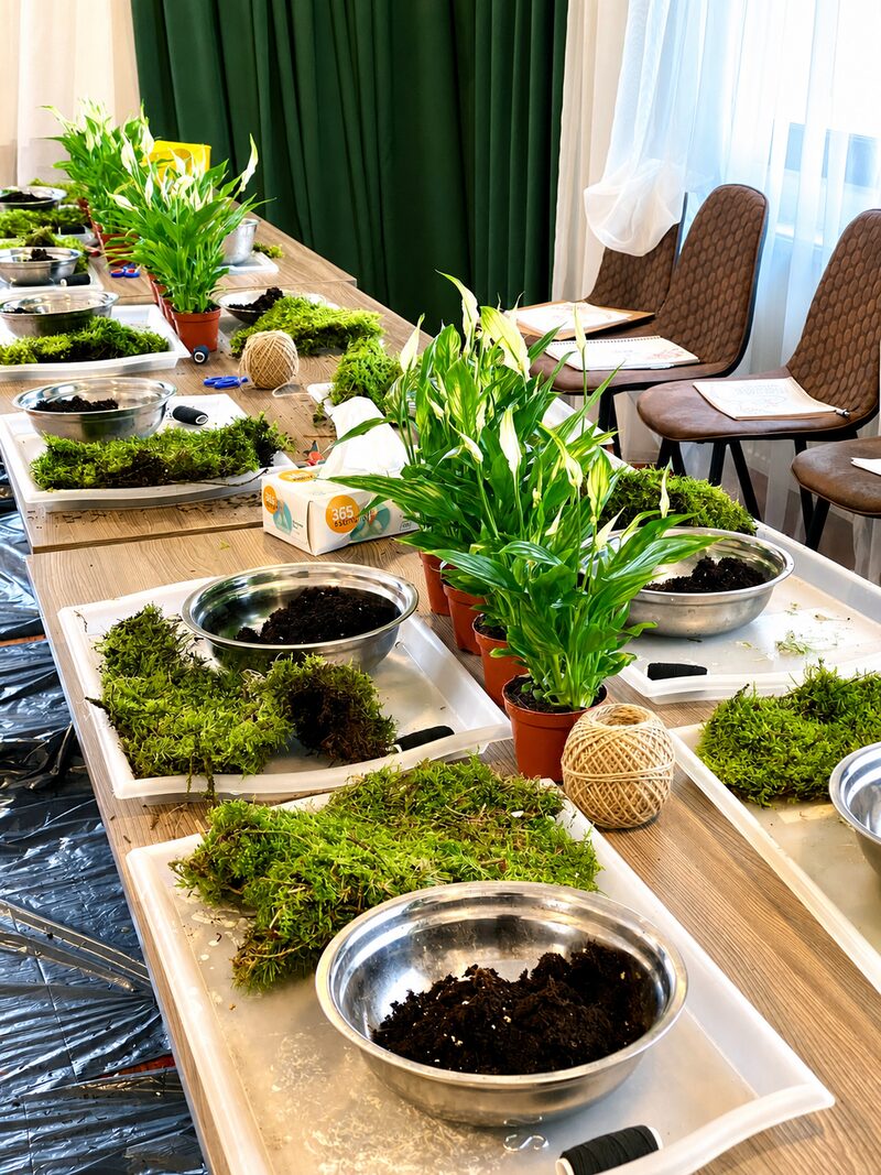Plante și boluri pregătite pentru un atelier de artă vie